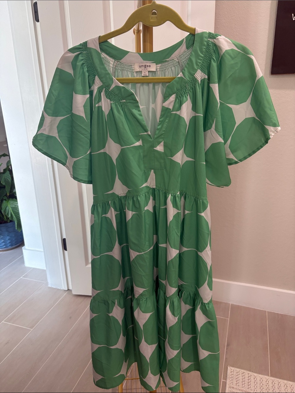 Umgee Green & White Tiered Dress with Flutter Sleeves